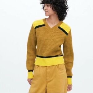 Marni x Uniqlo Gold Yellow Wool Blend Knitted V-Neck Long-Sleeve Sweater Size S